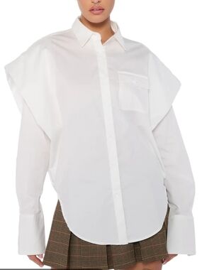 Gold X Teal (Womens L) High Pointed Shoulder Over-sized White Button-Down Shirt